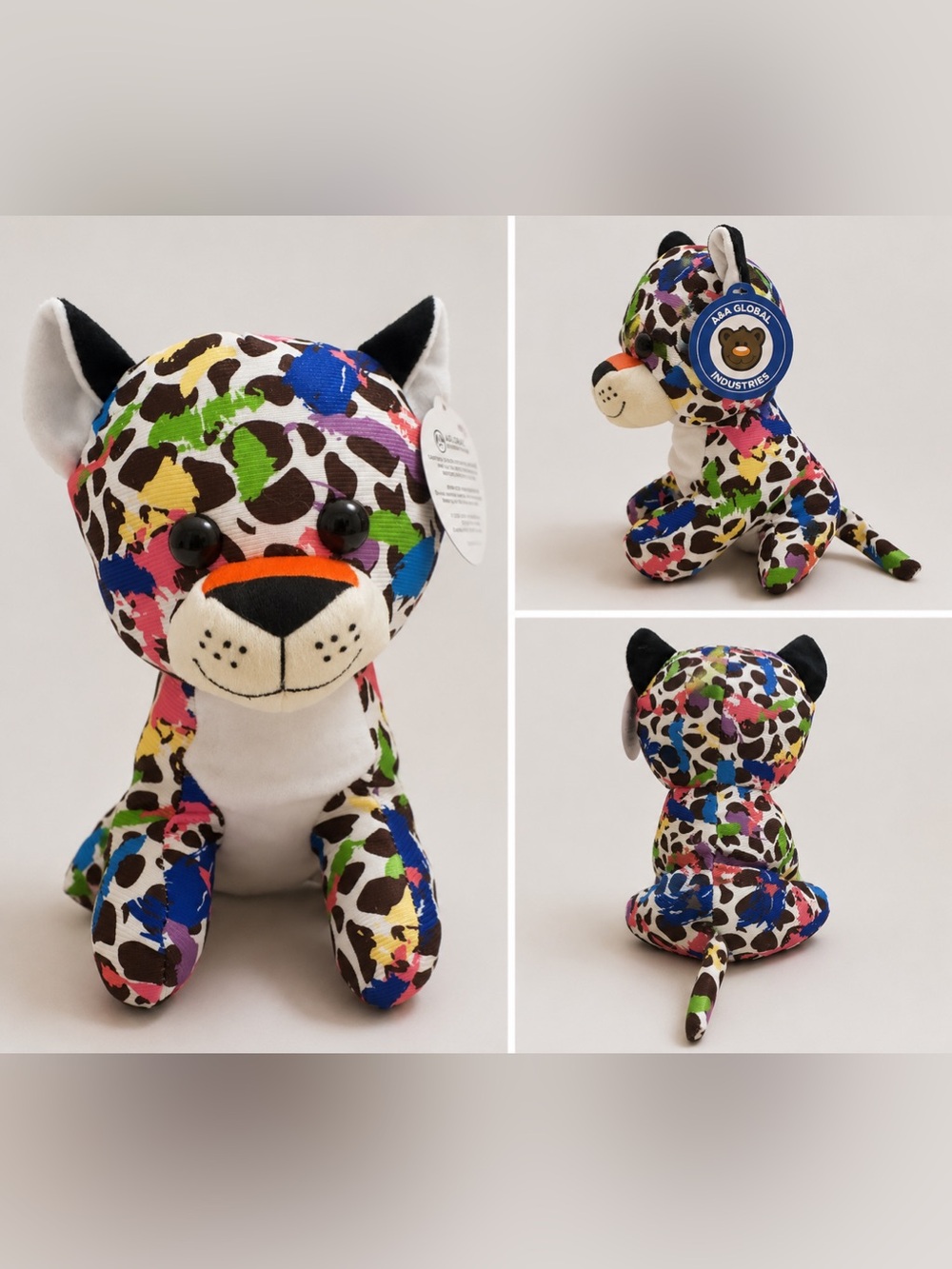 A&A Global Industries Colorful Leopard Print Plush Stuffed Animal 9” NWT